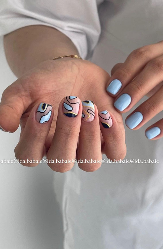 70 Stylish Nail Art Ideas To Try Now : Blue Abstract Short Nails