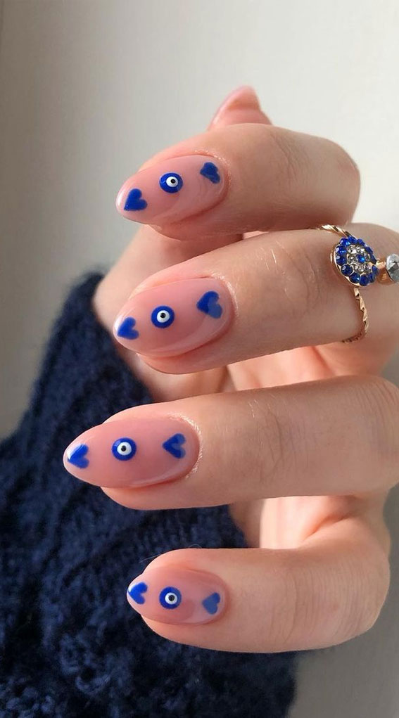 70 Stylish Nail Art Ideas To Try Now : Royal Blue Evil Eye + Heart Nails