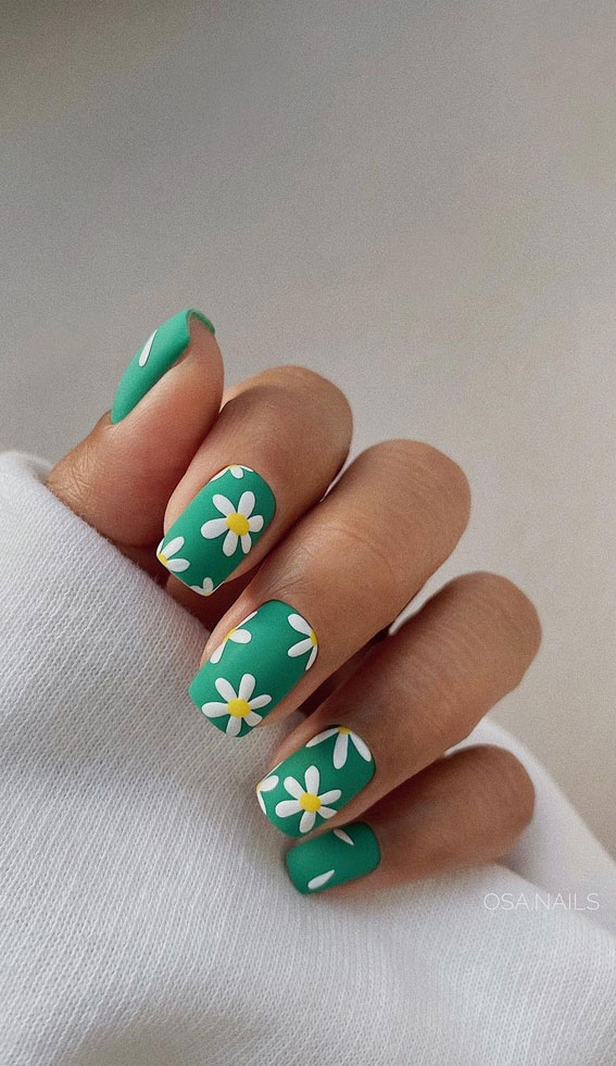 70 Stylish Nail Art Ideas To Try Now : Flower Matte Green Short Nails