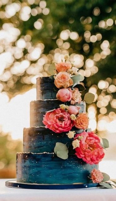 40 Stylish Dark And Moody Wedding Cakes Dark Blue 4 Tiers With Cascading Flowers 