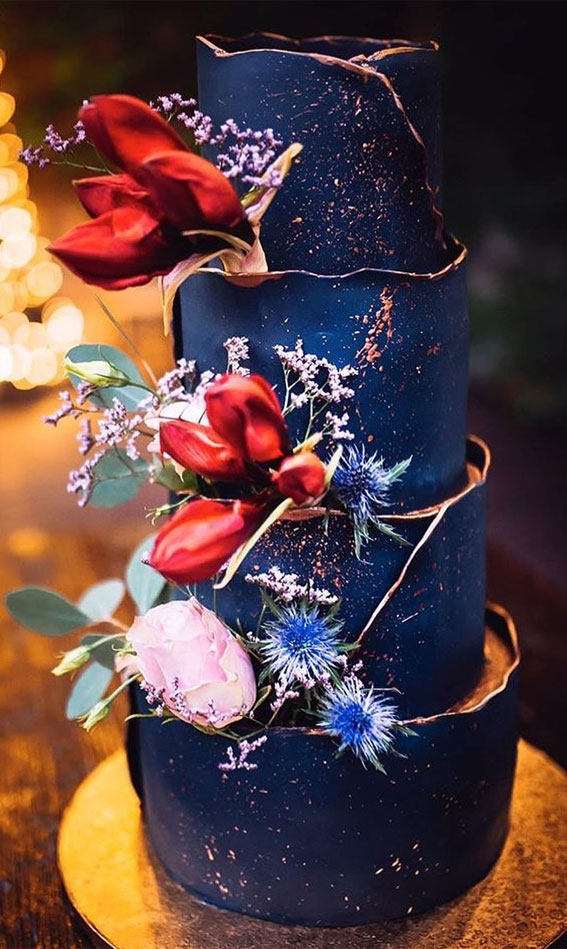 40+ stylish Dark & Moody Wedding Cakes : Navy Blue Wedding Cake with Copper Accents
