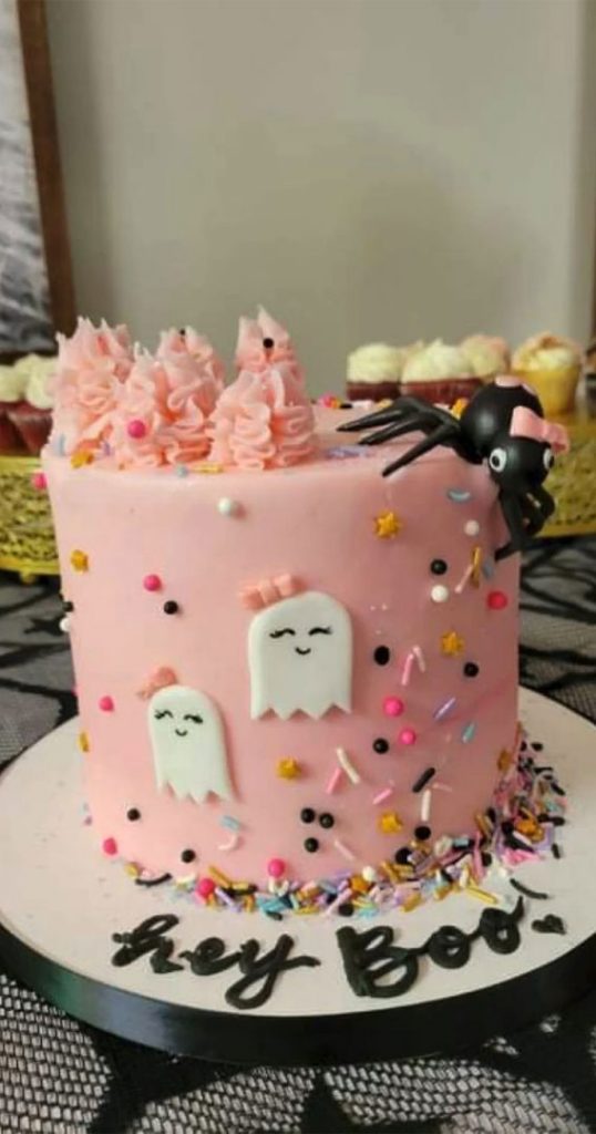 100+ Cute Halloween Cake Ideas : Pink Cake with Spider & Ghosts