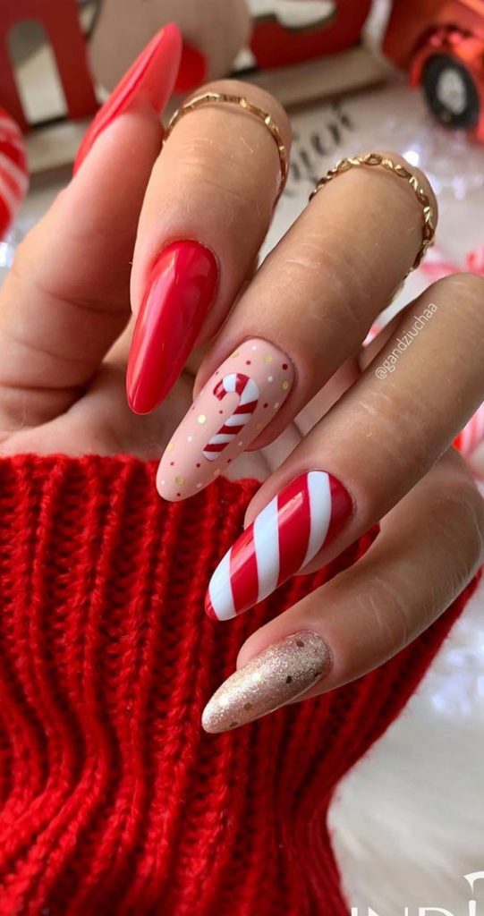 50+ Fab Christmas Nail Designs & Ideas : Red Candy Cane Pink Nails