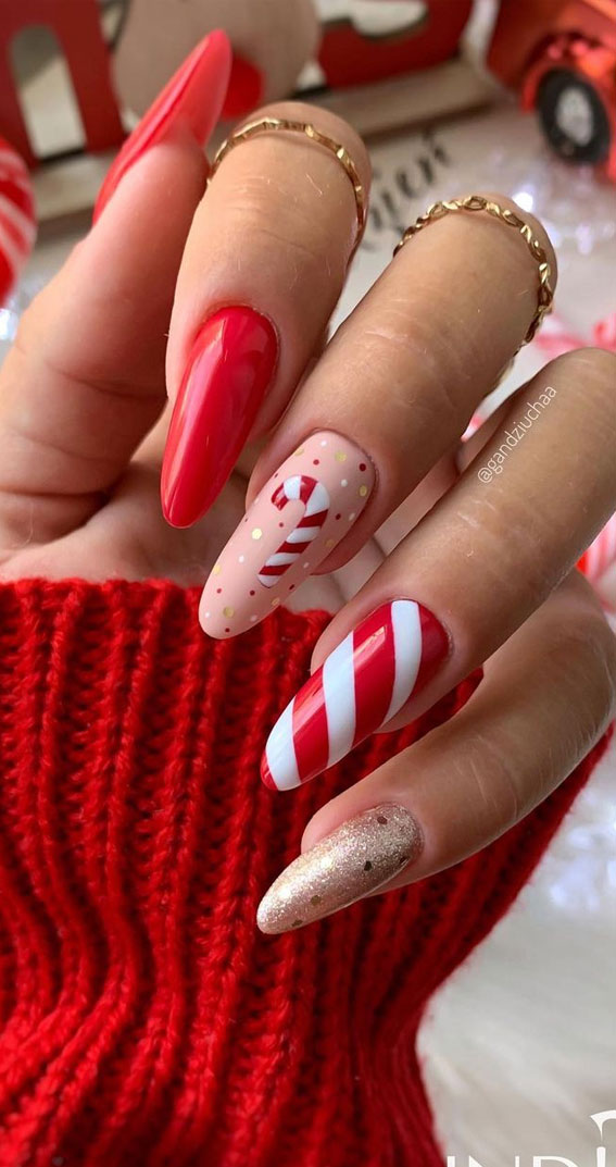 50+ Fab Christmas Nail Designs & Ideas : Red Candy Cane Pink Nails