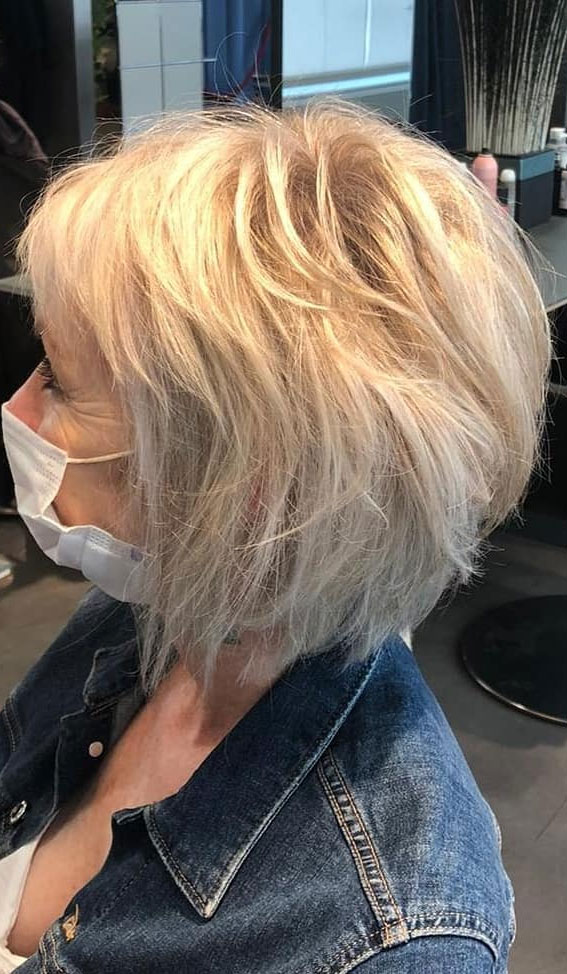 50+ Haircut & Hairstyles for Women Over 50 : Messy Platinum Blonde Layered Bob