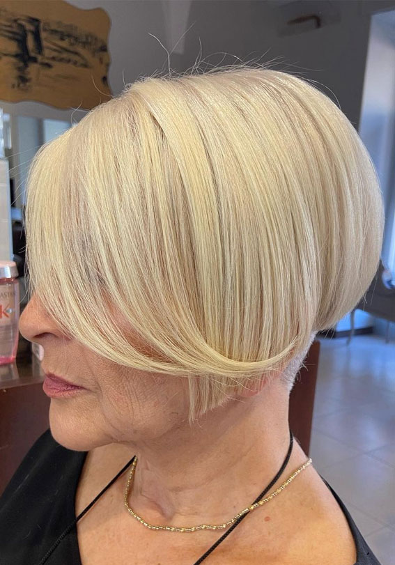 50+ Haircut & Hairstyles for Women Over 50 : Vanilla Blonde Bob Side Part