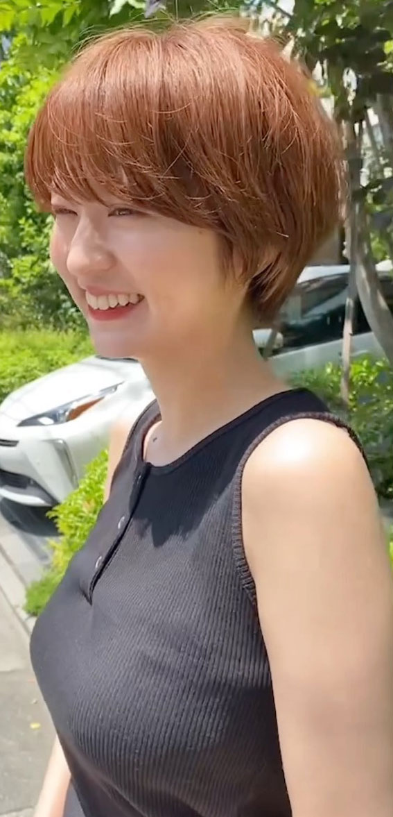 30+ Cute Short Hair with Bangs Korean Style : Copper Brown Bixie Haircut