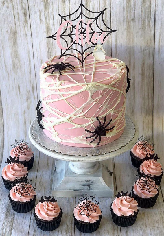 100+ Cute Halloween Cake Ideas : Pink Cake with Cobweb