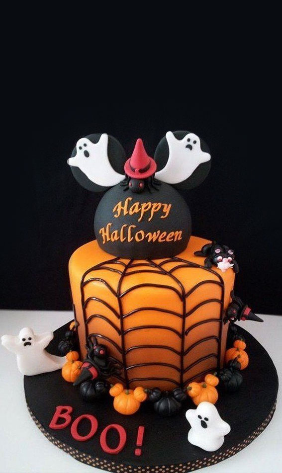 Black & White Halloween Cake with Marshmallow Spider Webs