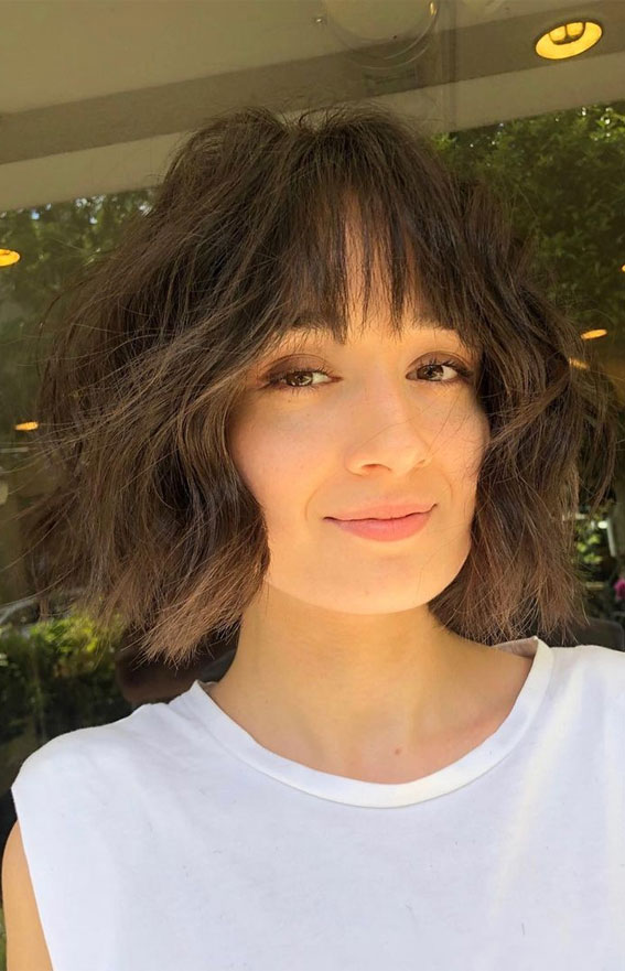 50 Best Short Hair with Bangs : Textured Chin Length Bob with