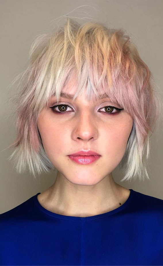 50 Best Short Hair with Bangs : Blonde & Pink Messy Bob with Bangs