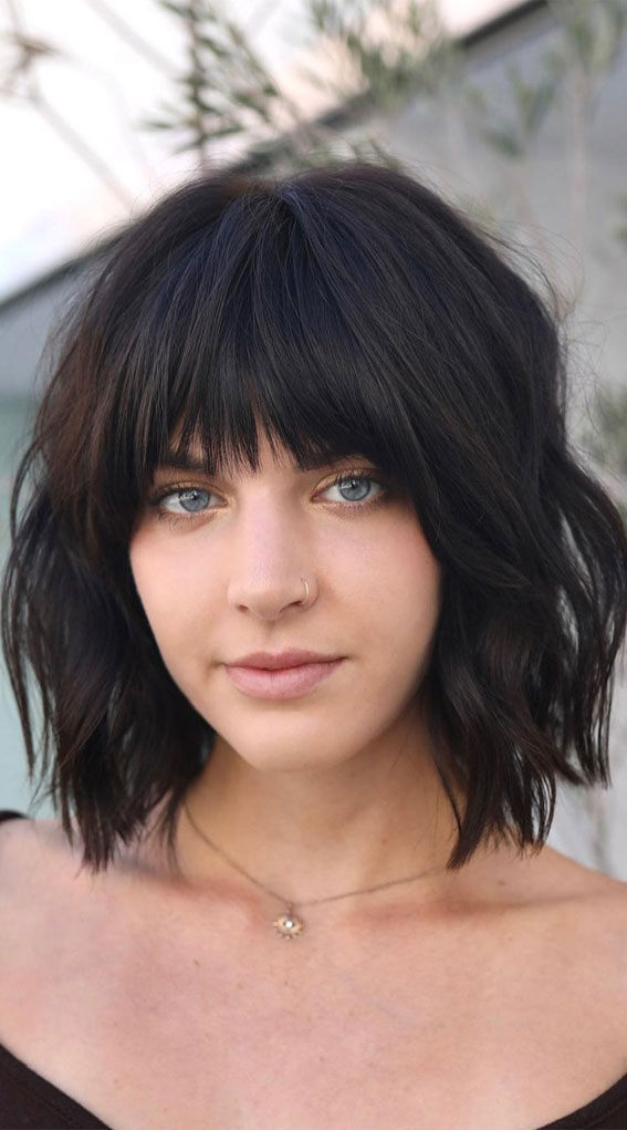 50 Best Short Hair with Bangs : Textured Long Bob with Bangs