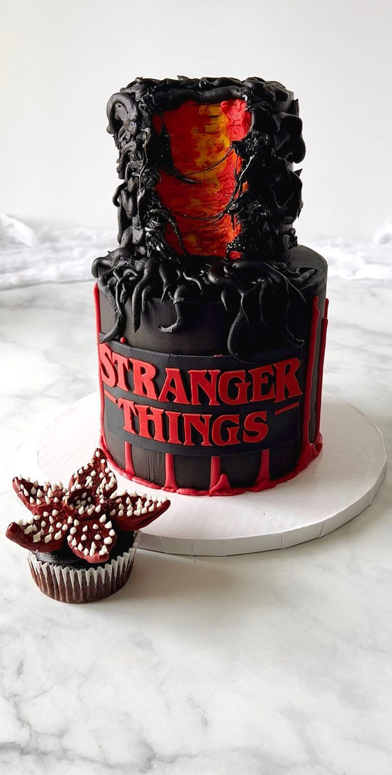 40+ Awesome Stranger Things Cake Ideas : Black Cake with Red Drip Upside Down