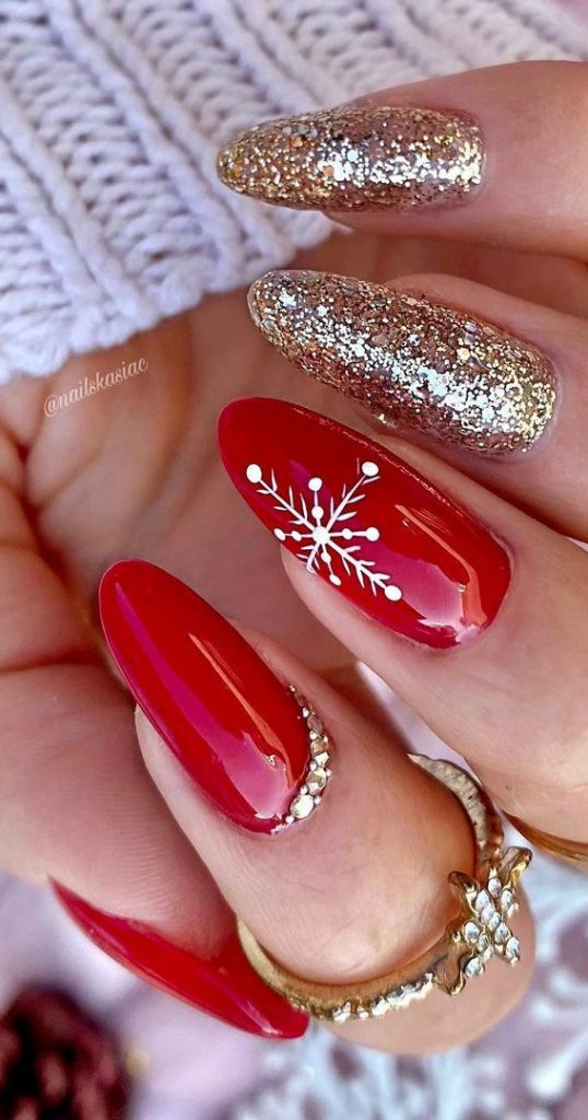 50+ Fab Christmas Nail Designs & Ideas Glittery Gold and Red Nails