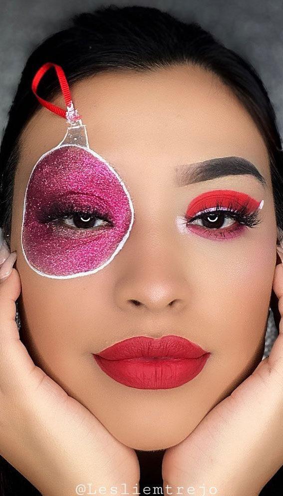 20+ Christmas & Holidays Makeup Ideas Pink Glitter Bauble Makeup