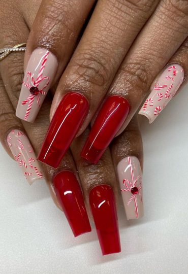 Stylish Festive Nail Designs Red Jelly Candy Cane Nude Nails