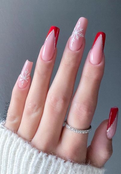 50 Stylish Festive Nail Designs Red French Tips Snowflake Nails