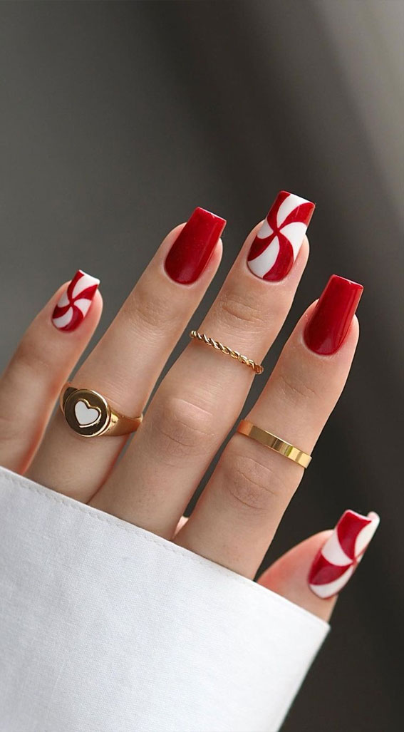 50 Best Holiday Nail Art Ideas & Designs Candy Cane Swirl Nails