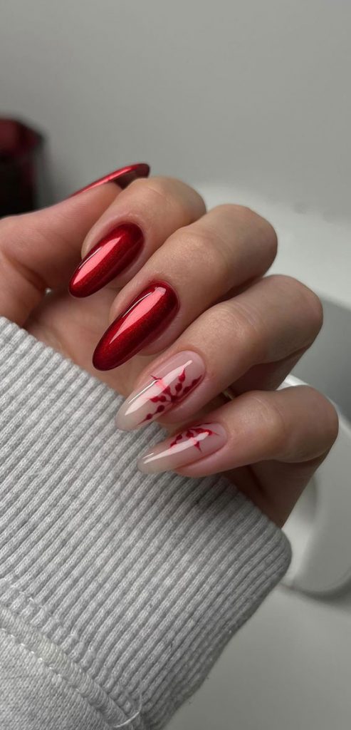 50 Stylish Festive Nail Designs Red Snowflake Sheer Nails