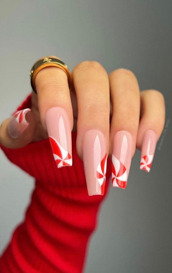 50+ Stylish Festive Nail Designs : Candy Cane Swirl Nails