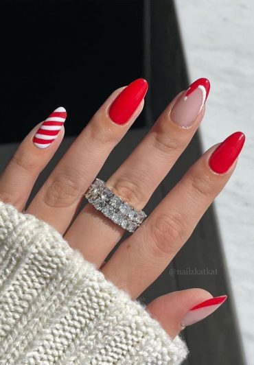 50 Best Holiday Nail Art Ideas And Designs Red Candy Cane And Santa Hat Nails 