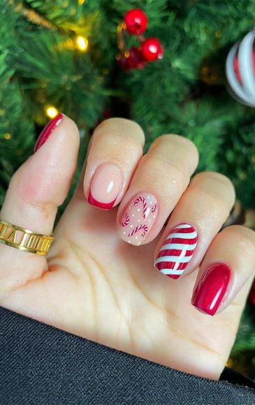 50 Stylish Festive Nail Designs Candy Cane Red Tip Nails 9576