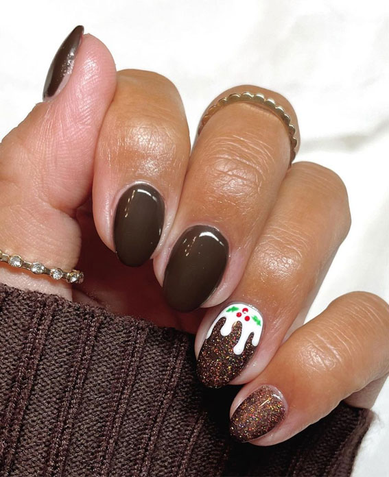 50+ Stylish Festive Nail Designs Christmas Pudding + Chocolate Brown