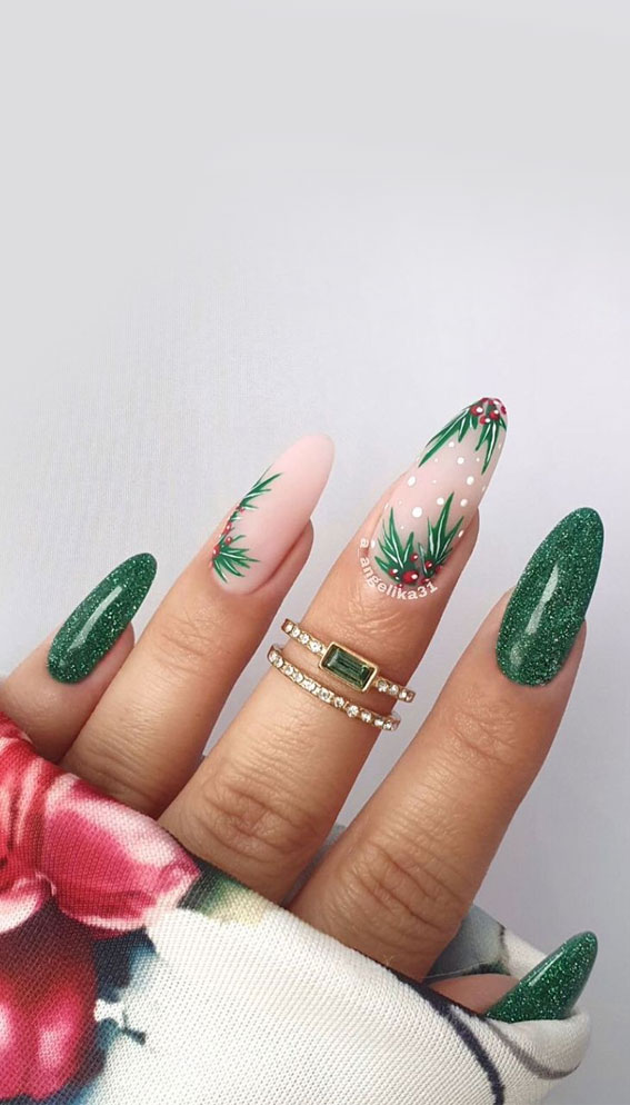 50+ Stylish Festive Nail Designs : Holly Christmas Green Nails