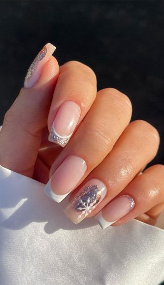 50 Stylish Festive Nail Designs Snowflake White And Glitter French Tips 