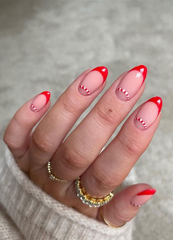 50+ Stylish Festive Nail Designs :  Candy Cane Cuff + Red French Tip Nails