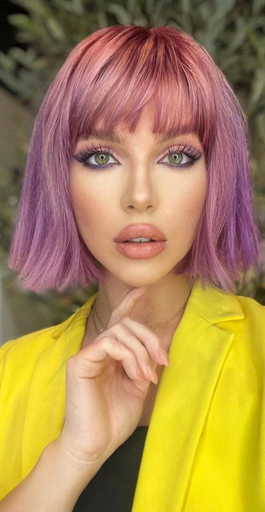 30+ Cute Fringe Hairstyles For Your New Look : Purple Choppy Bob With Bangs