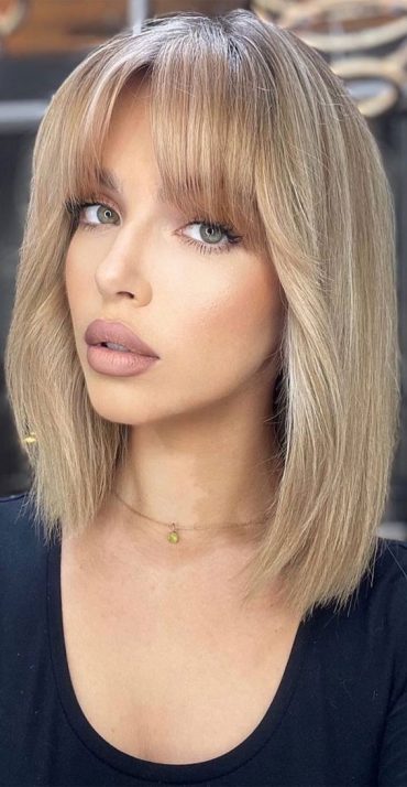 30 Cute Fringe Hairstyles For Your New Look Blonde Lob With Bangs 8934