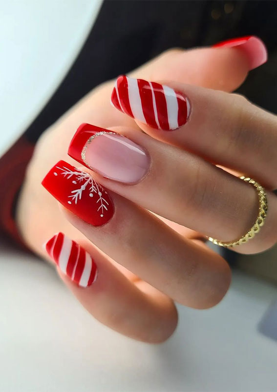 45 Beautiful Festive Nails To Merry The Season : Red Candy Cane + French 