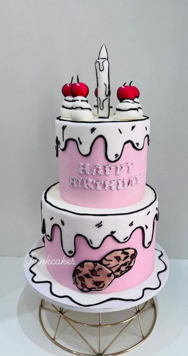 30+ Cute Comic Cakes For Cartoon Lovers : Two-Tiered Pink Comic Cookie Cake