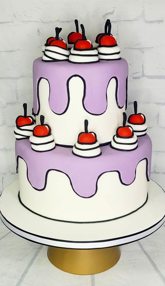 30+ Cute Comic Cakes For Cartoon Lovers : Lavender & White Two-Tiered Cake