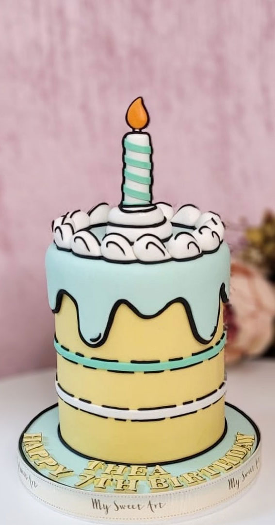 30+ Cute Comic Cakes For Cartoon Lovers : Pale Blue & Yellow Comic Cake