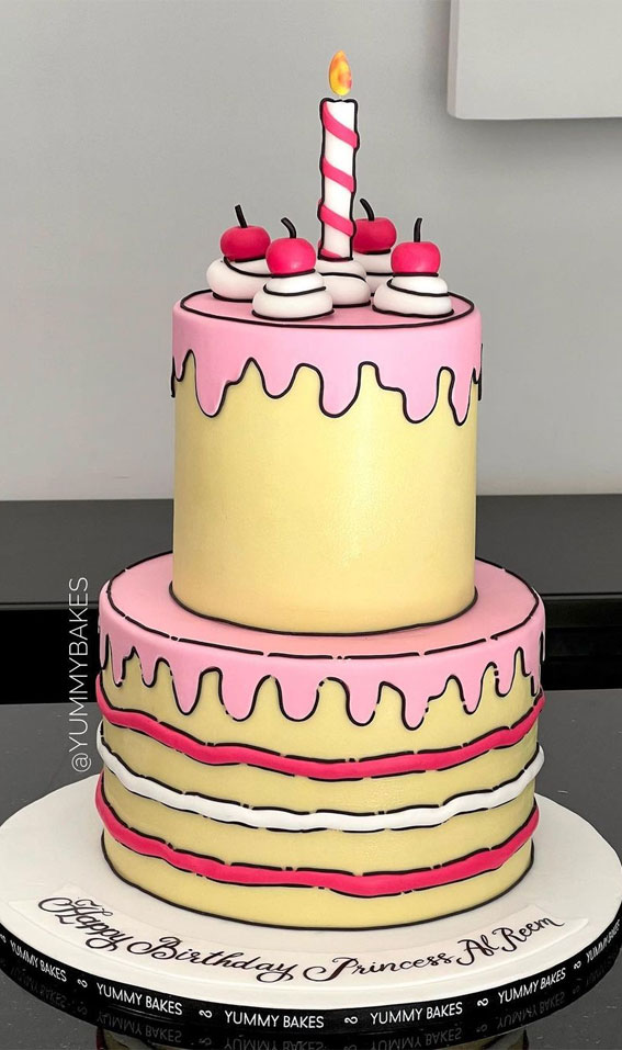 30+ Cute Comic Cakes For Cartoon Lovers : Two-Tiered Pink & Yellow Cake
