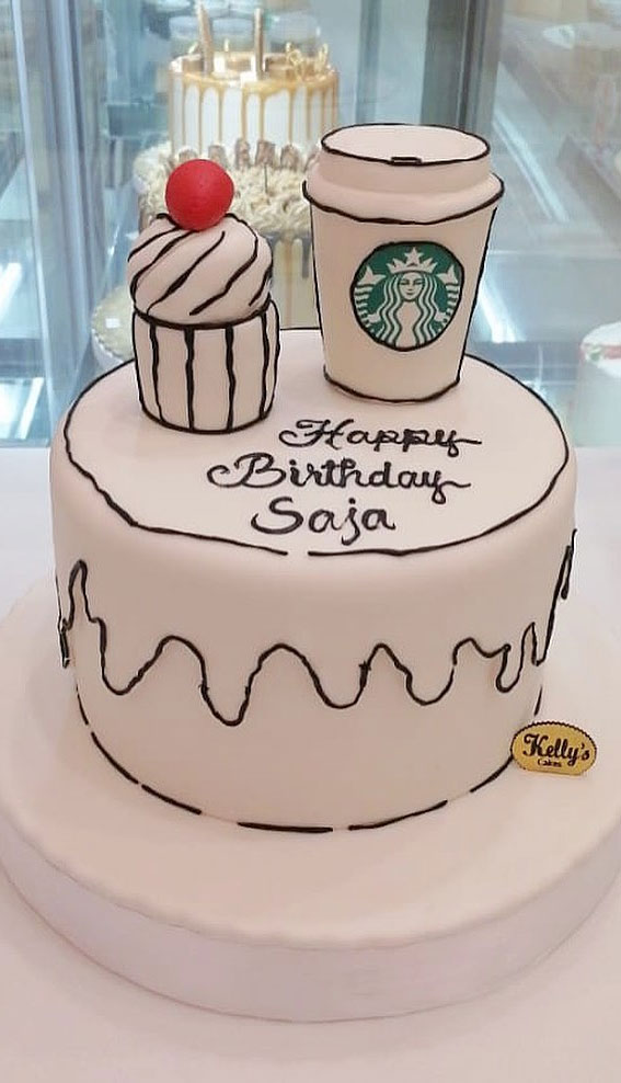 30+ Cute Comic Cakes For Cartoon Lovers : White Cake Topped with Starbucks