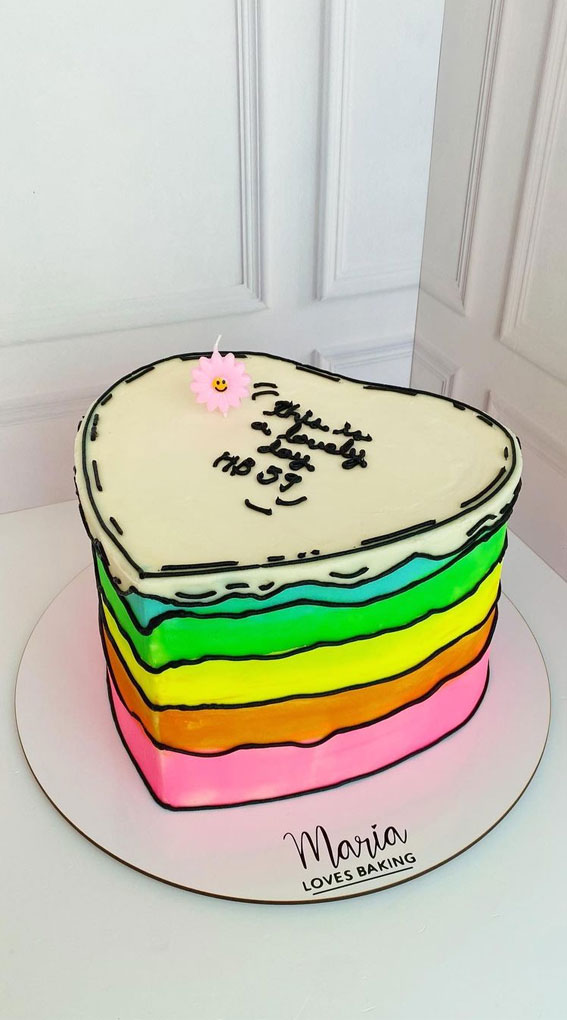 30+ Cute Comic Cakes For Cartoon Lovers : Rainbow Heart Shaped Comic Cake