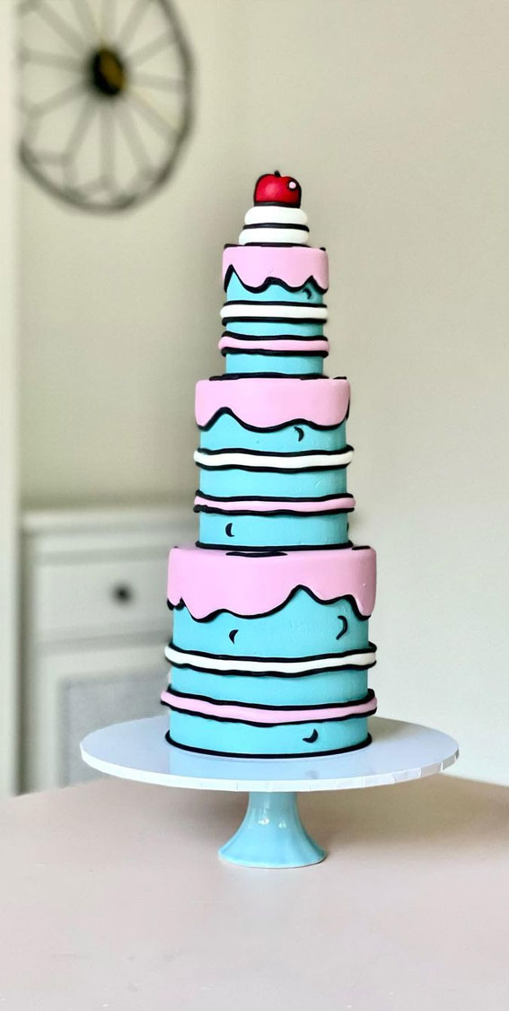 30+ Cute Comic Cakes For Cartoon Lovers : Three-Tiered Blue and Pink Cake