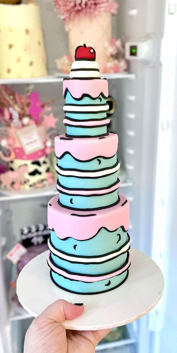 30+ Cute Comic Cakes For Cartoon Lovers : Blue and Pink Three-Tired Cake
