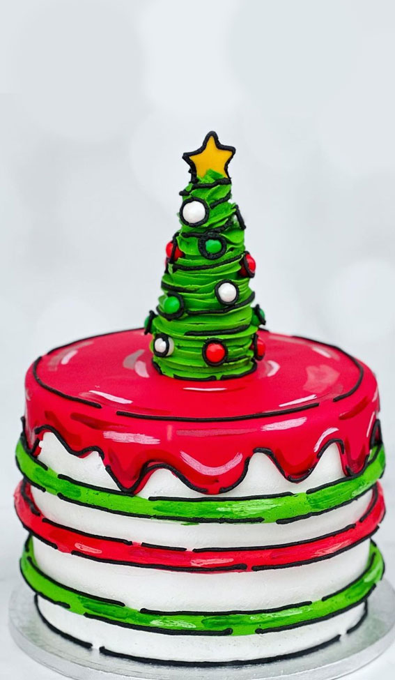 30+ Cute Comic Cakes For Cartoon Lovers : Christmas Comic Cake Topped with Christmas Tree
