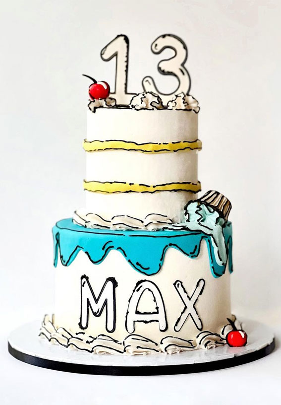 30+ Cute Comic Cakes For Cartoon Lovers : Outline Cake + Blue Icing Drips