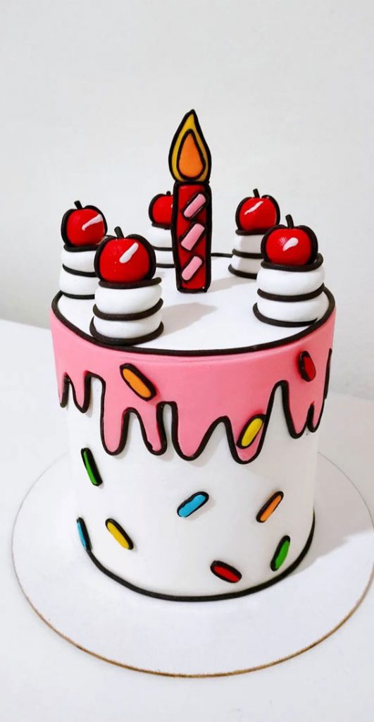 30 Cute Comic Cakes For Cartoon Lovers White Cake With Sprinkles Pink Drips 