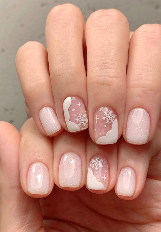 50 Christmas And Holiday Nails For A Festive Look White Cloud Short Nails With Snowflakes