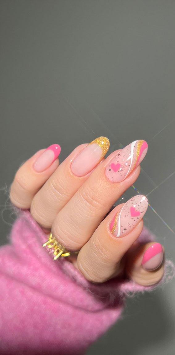 52 Valentine’s Day Nail Art Designs & Ideas 2023 : Glitter Gold & Pink + Swirl + French Tips