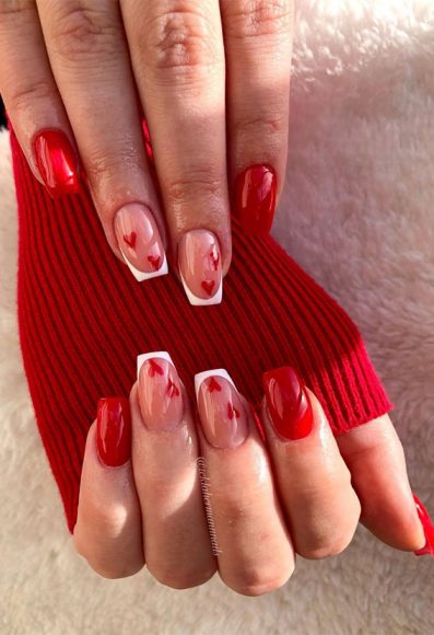 52 Valentine S Day Nail Art Designs And Ideas 2023 Red Nails French Tips With Red Hearts