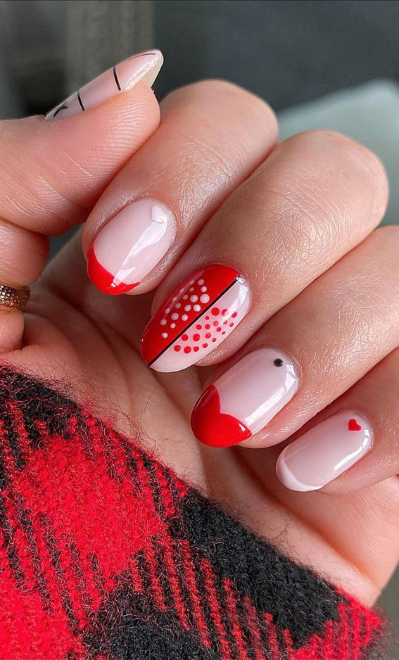 52 Valentine’s Day Nail Art Designs & Ideas 2023 : Pink & Red Heart Tips with Tiny Red Heart