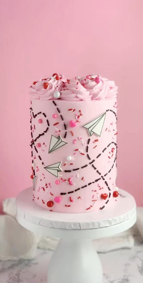 40+ Cute Valentine’s Cake Ideas : Pink Cake Decorated Paper Airplanes