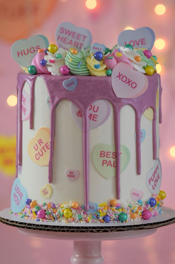 40+ Cute Valentine’s Cake Ideas : Icing Drips + Candy Hearts